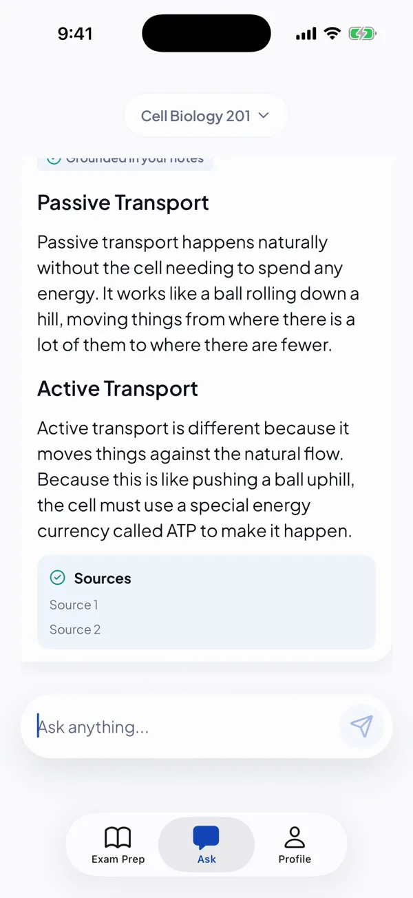 StudyPal Ask screen answering a question about passive and active transport from the student's notes, with a Sources box under the answer