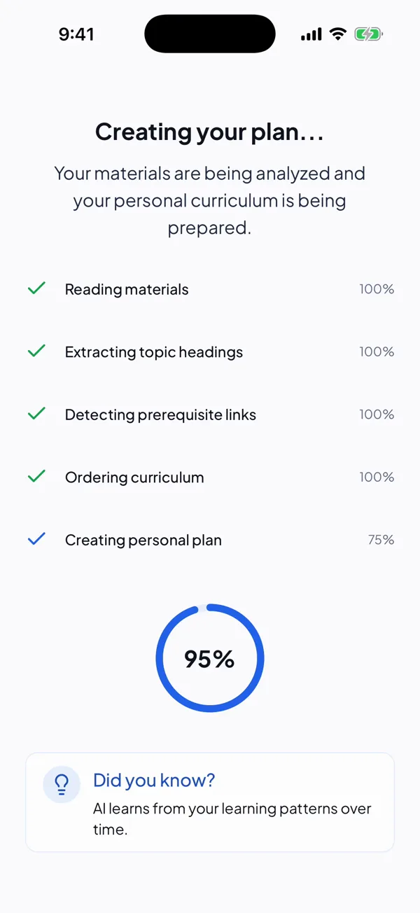 StudyPal building a study plan: reading materials, extracting topic headings and ordering the curriculum, 95 percent done
