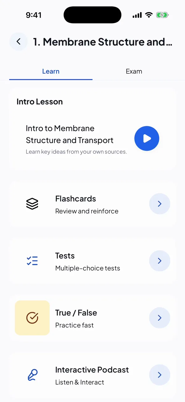 A StudyPal level with an intro lesson, flashcards, multiple-choice tests, true/false practice and an interactive podcast