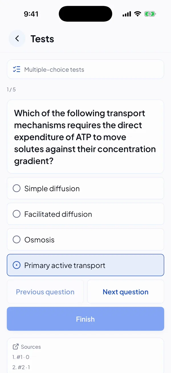 A multiple-choice question in StudyPal asking which transport mechanism needs ATP, with Primary active transport selected