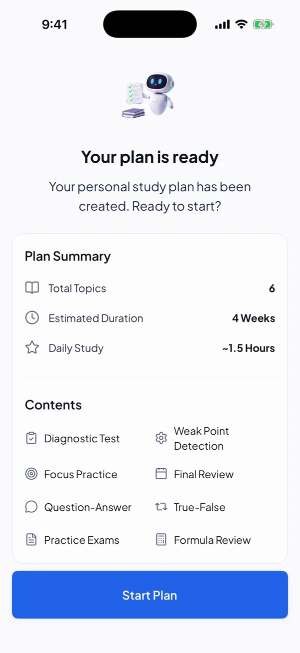 StudyPal plan summary: your plan is ready, 6 topics over 4 weeks at about 1.5 hours a day