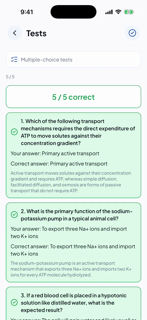 StudyPal test results showing 5 of 5 correct, with the correct answer and a short explanation under each question
